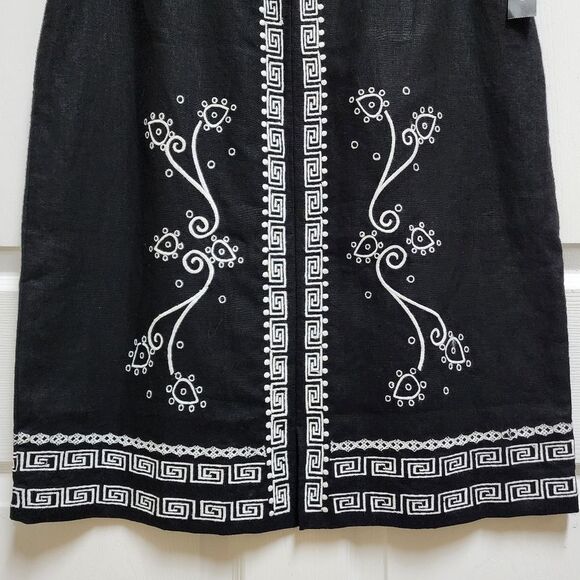 Parisian Skirt Womens 12 Black 100% Linen White Embroidered Zip Office Preppy - Picture 3 of 9